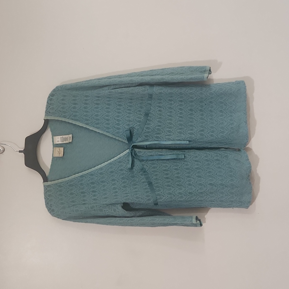 Emma James women's teal crochet lace 3/4 sleeve ribbon tie cardigan